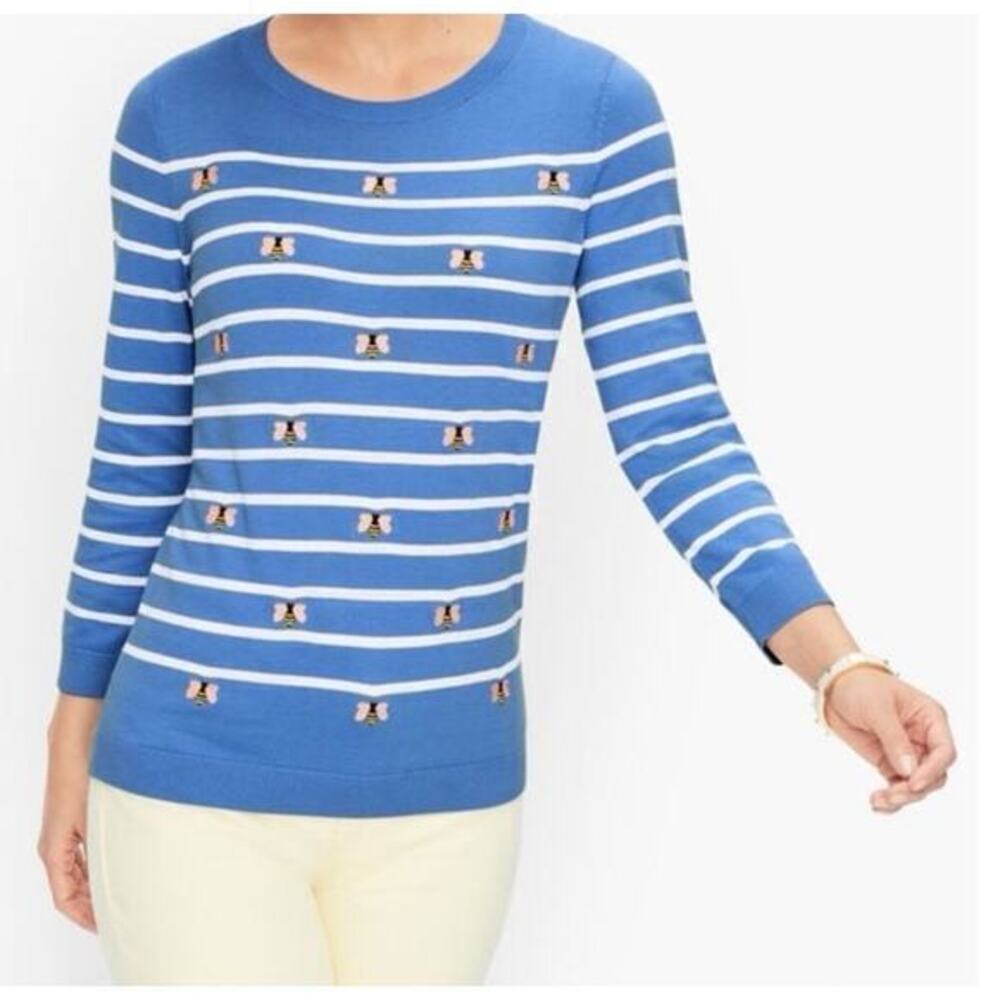 Talbots Blue and White Stripe EMBROIDERED BEE CREWNECK SWEATER plus size 1X